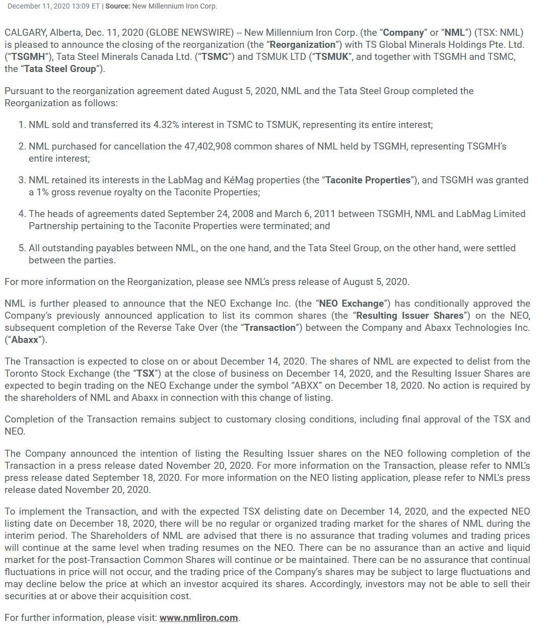 New Millennium Iron Corp. (NML: TSX-V) 1234492