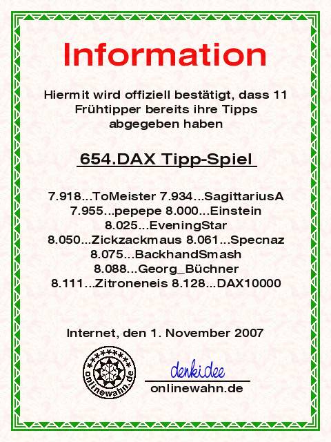 653.DAX Tipp-Spiel, Donnerstag, 01.11.07 128923