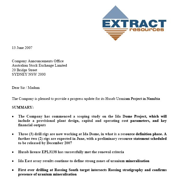 EXTRACT RESOURCES LTD Uran Namibia 103123