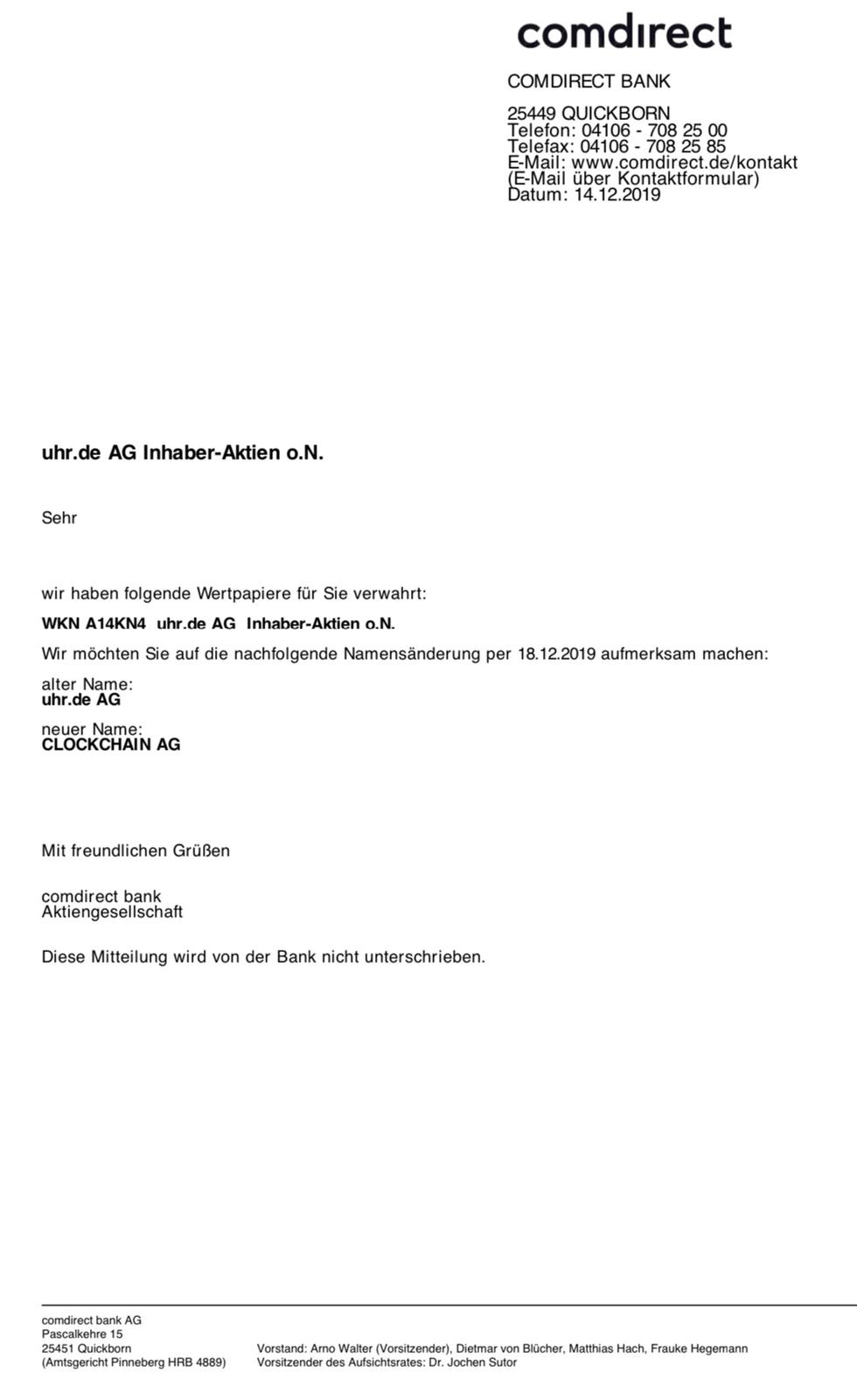 Neuausricht lt. Vorstand : Blockchain / Clockchain 1149504