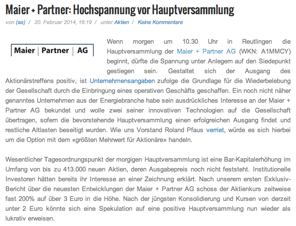 Maier und Partner AG WKN A1MMCY die 1000% Rallye? 697069