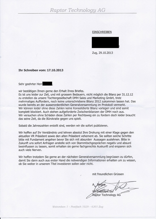 Raptor Technology AG! Break Even 2011! Penny 2013! 660283