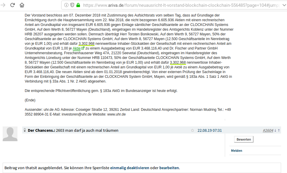 Neuausricht lt. Vorstand : Blockchain / Clockchain 1130409
