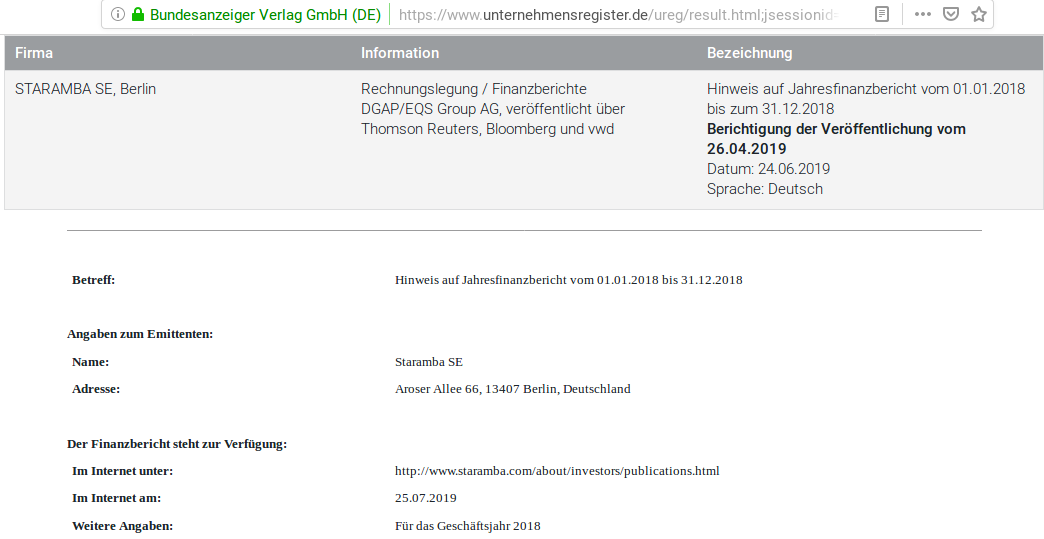 STARAMBA SE - WKN: A1K03W 1125048