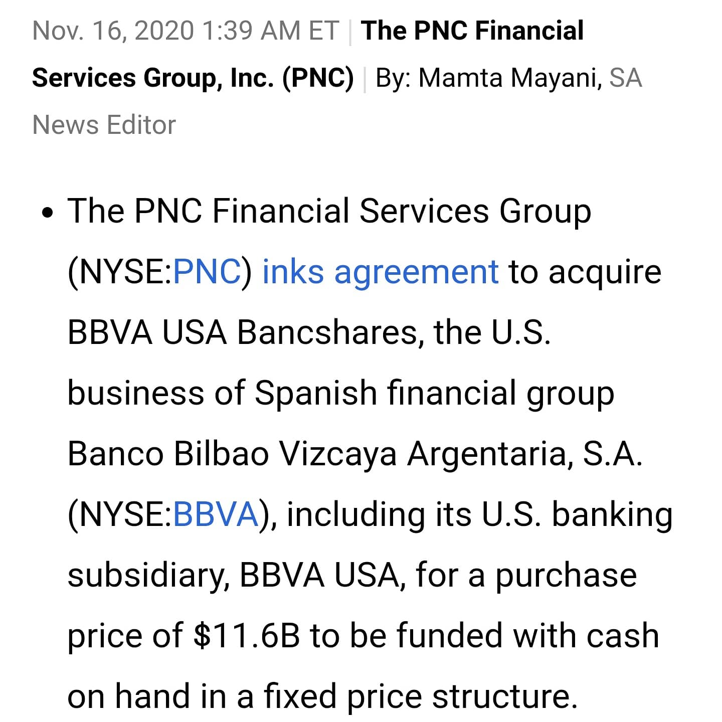 BBVA: Übernahme US Geschäft durch PNC 1213574