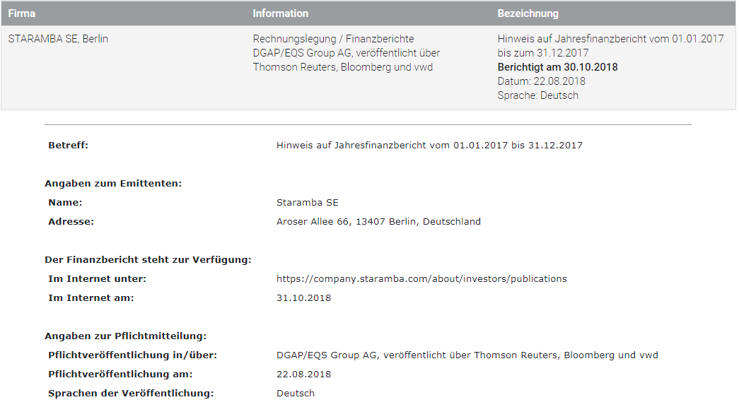 STARAMBA SE - WKN: A1K03W 1164107