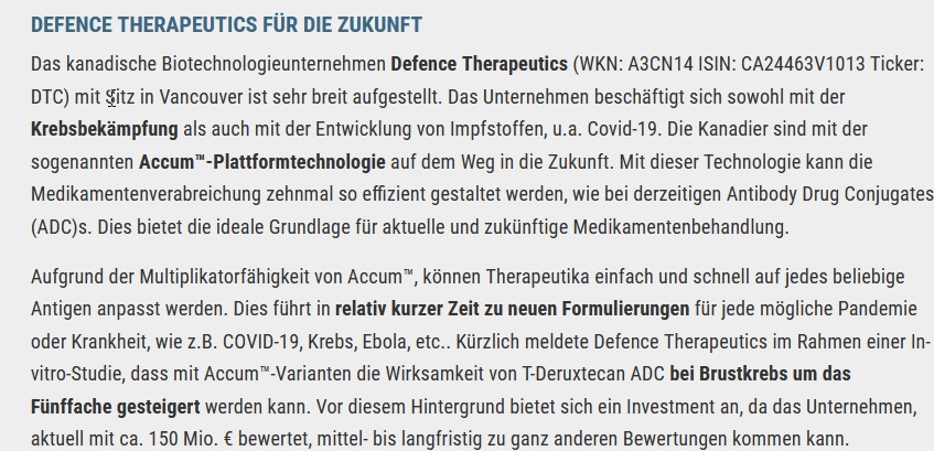 Defence Therapeutics löst eine wirksame 1282912