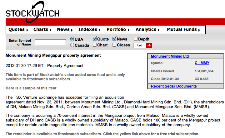 Monument Mining LTD. A0MSJF 481000