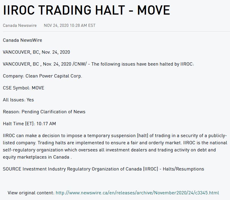 Clean Power Capital vom Handel ausgesetzt. 1215728