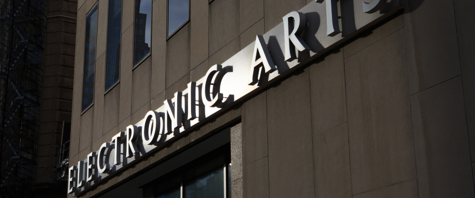 Das Logo von Electronic Arts auf einem Gebäude in Montreal, Kanada.