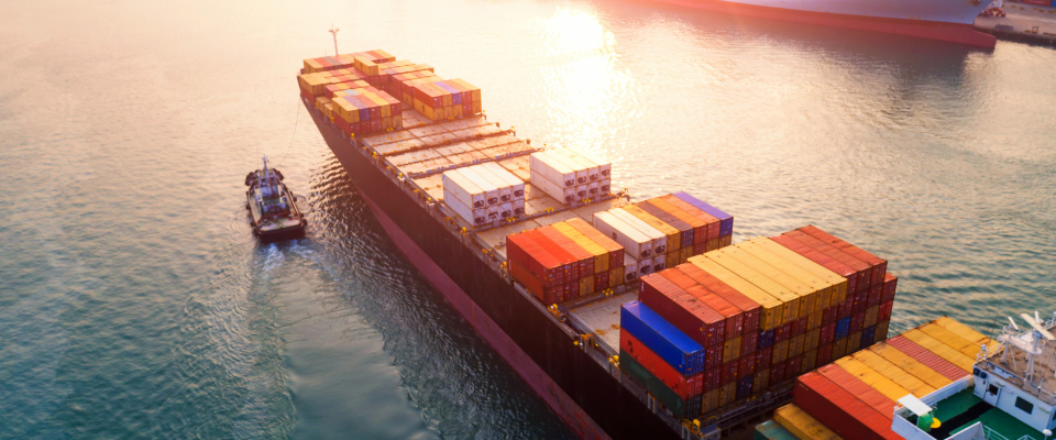 Ein Containerschiff läuft einen Hafen an (Symbolbild).