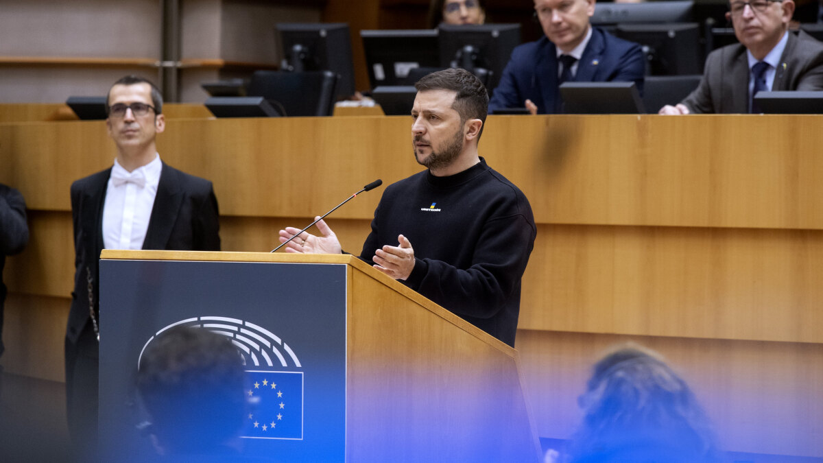 Wolodymyr Selenskyj Präsident der Ukraine bei einer Rede im Europaparlament. (9.Februar 2023)