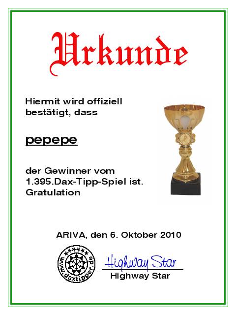 1.396.DAX Tipp-Spiel, Donnerstag, 07.10.10 349642