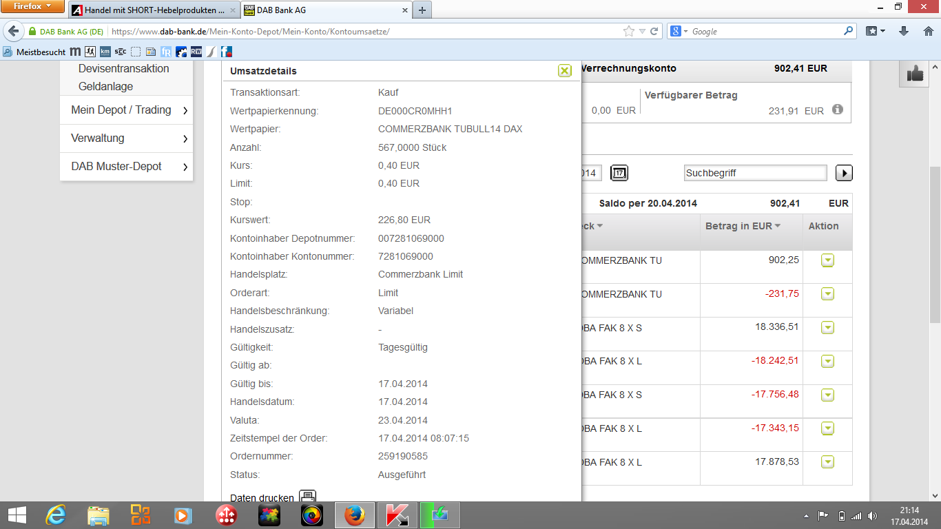 Handel mit SHORT-Hebelprodukten auf DAX 715403