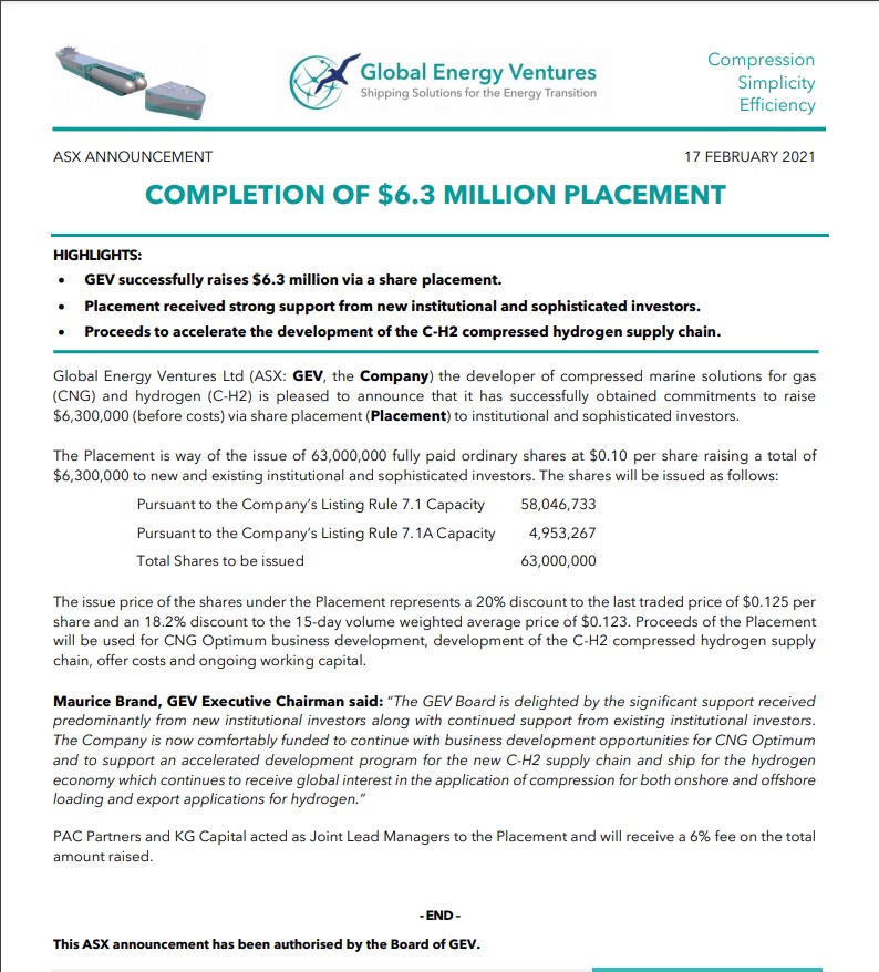 GLOBAL EN. VENTURES erstes komprimierte H2 Schiff 1234116