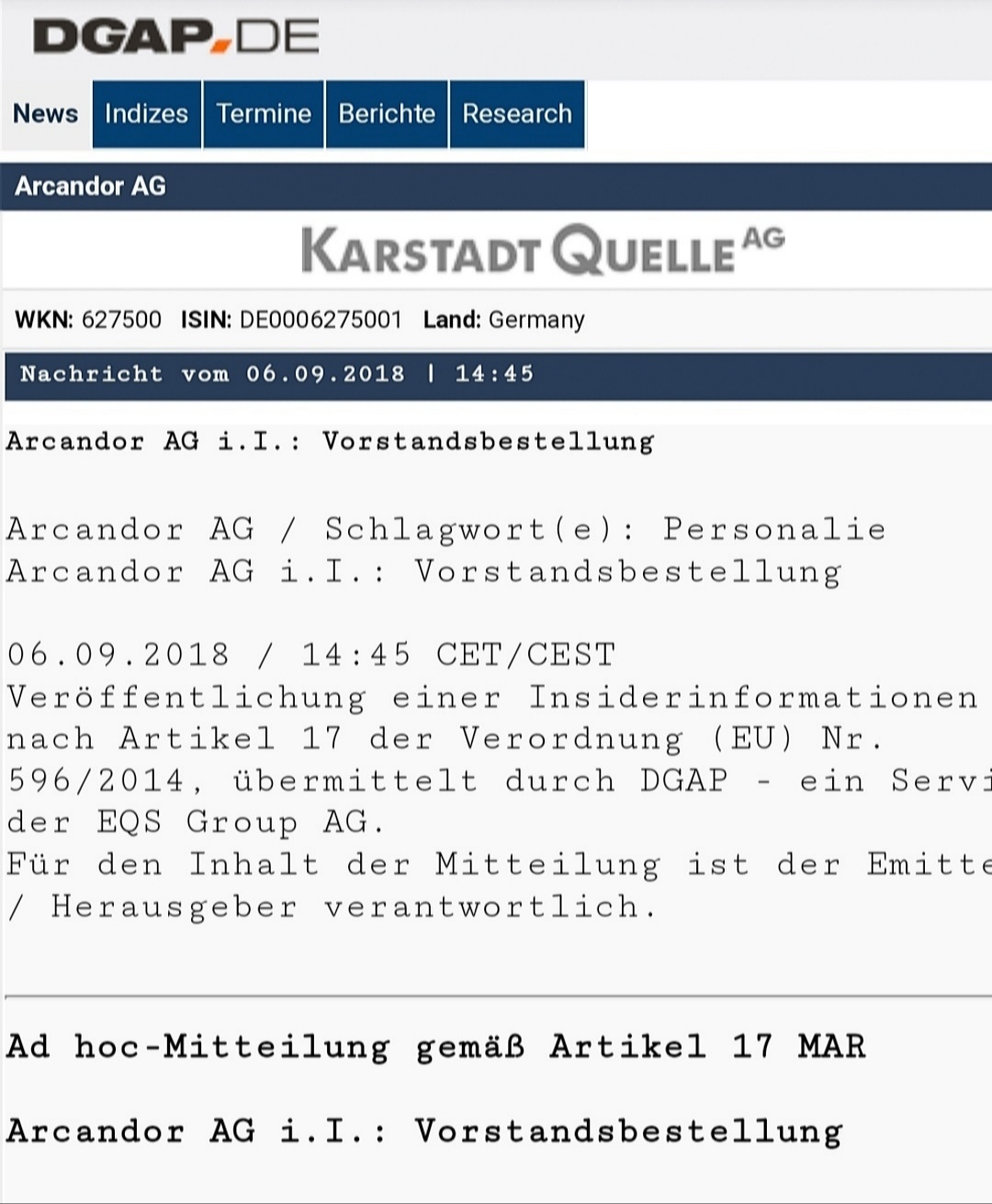 Arcandor AG nach der Insolvenz 1117356