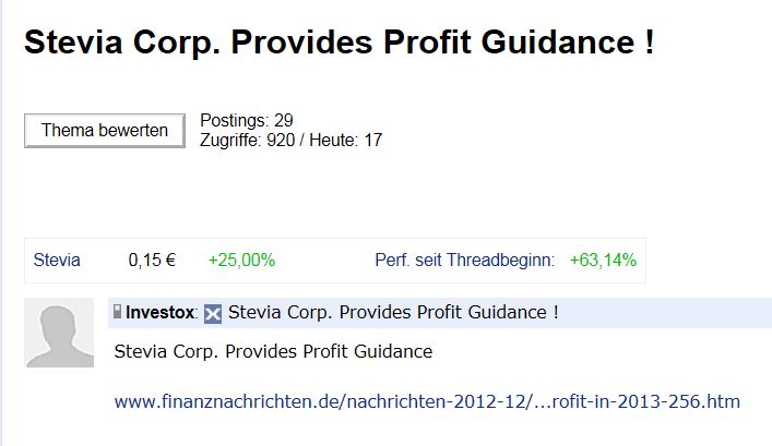 Stevia Corp. Provides Profit Guidance ! 567787