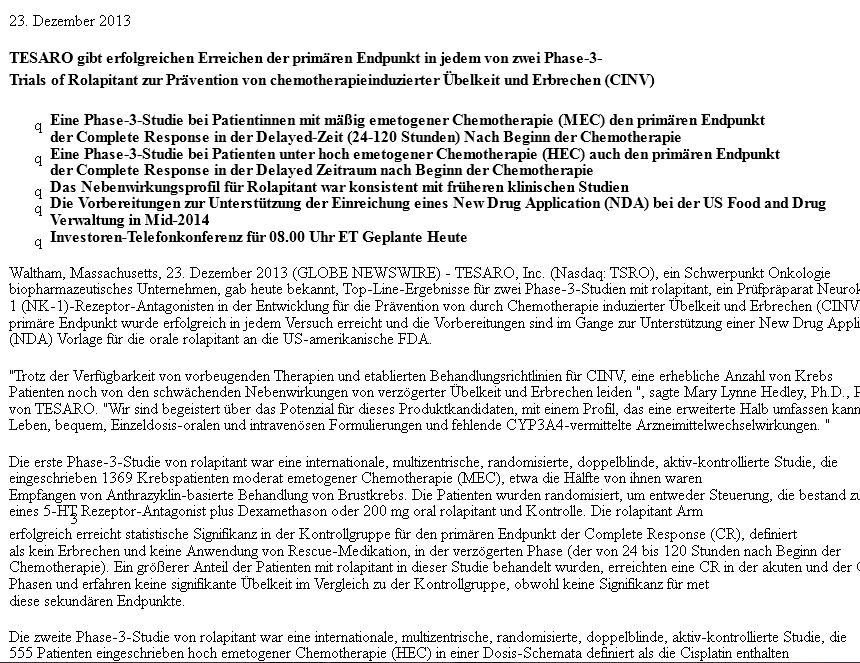 Tesaro INC A1J0WH 683517