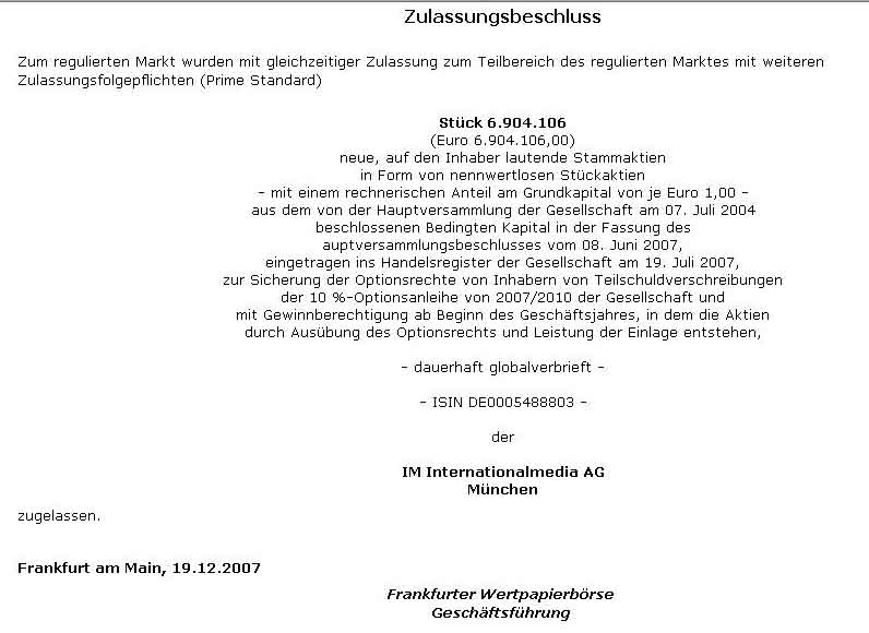 IM INTERNATIONALMED.KONV. WKN: A0STYJ: Quid novis? 138535