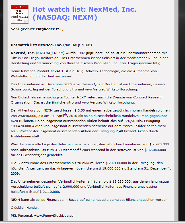 NEXMED INC (WKN: 914164 / NEXM) / Nasdaq 316441